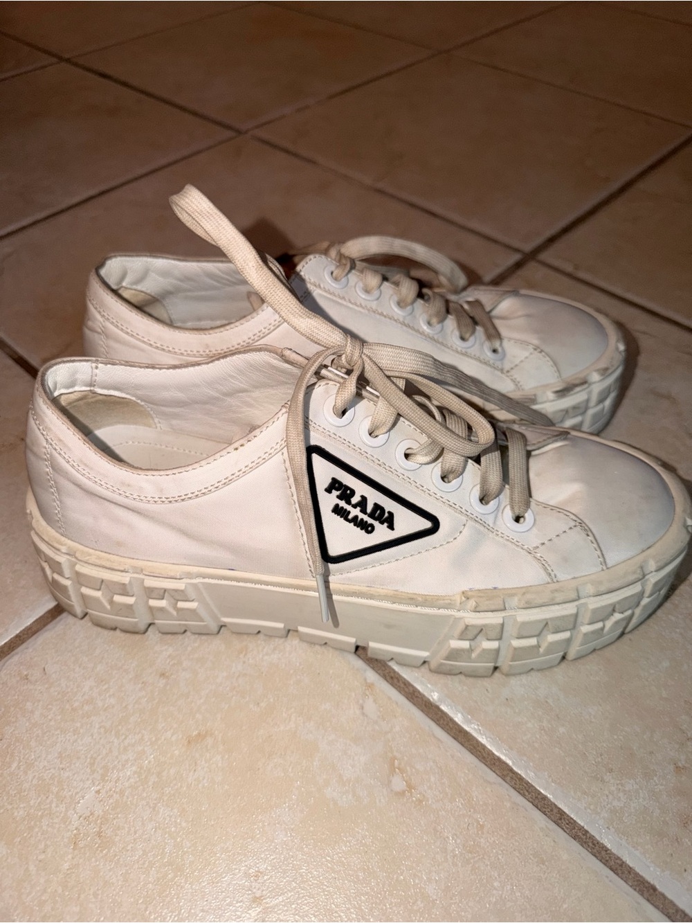 White Womens Prada Chunky Platform Lace-Up Sneakers